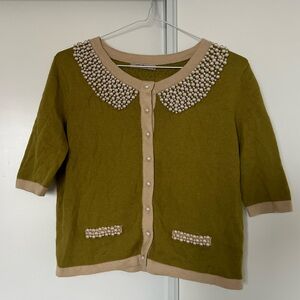 Darling Vintage Olive Green and Beige Pearl-Trim Cardigan